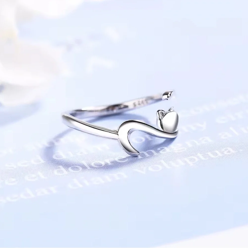 925 Sterling Silver Sticky Cat With Long Tail Finger Ring. Adjustable Ring